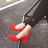 2015秋冬新款韩版时尚粗跟黑色高跟鞋新娘鞋红色优雅职业方头婚鞋