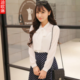 迪欧琳新款韩版学院风气质蝴蝶结打底衬衣长袖纯色雪纺白衬衫