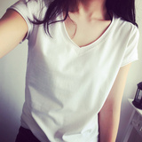 夏季新款欧美风简约V领白色t恤女短袖修身显瘦纯色半袖女装打底衫