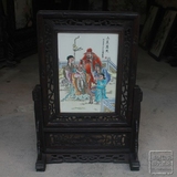景德镇陶瓷瓷板画名家手绘仿古粉彩人物三星高照小屏风实木框 A8