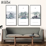 新中式禅意客厅沙发背景墙挂画书房玄关壁画办公室山水三联装饰画