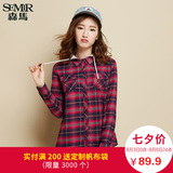 森马长袖衬衫 2016秋装新款 女士可脱卸帽格子法兰绒直筒衬衣韩版