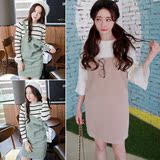 2016春季女装韩版裙子新款衣服通勤学生纯色款套装带袖淑女连衣裙