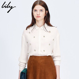 Lily2015秋新款女装修身纯色镶钻长袖衬衫115340H4309