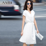 Amii2016秋冬季短袖V领大码中裙修身纯色拼接雪纺通勤女连衣裙