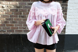 韩国代购2015 蕾丝刺绣泡泡袖百搭娃娃衫 可爱粉色衬衫宽松衬衣女
