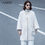 Amii女装旗舰店2015冬新品直筒大码V领拉链中长款毛呢外套女大衣