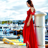 红色渡假裙 雪纺连衣裙露肩吊带沙滩裙夏 度假显瘦波西米亚长裙