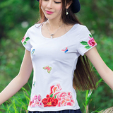 中国风2016夏装女装刺绣打底衫 民族风修身T恤女短袖绣花棉质上衣