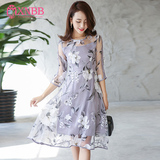 2016夏季新款韩版女装雪纺气质印花欧根纱连衣裙两件套装中长裙子