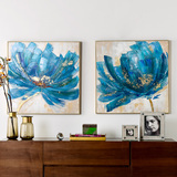 奇居良品 客厅书房卧室玄关帆布有框装饰挂画 蓝色花朵手绘油画S