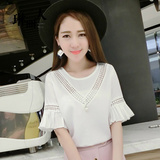 2016白色雪纺衫女短袖夏季新款韩版喇叭袖甜美蕾丝小衫百搭上衣女
