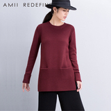 Amii Redefine文艺女装休闲拼接口袋侧开叉圆领套头毛衣女中长款