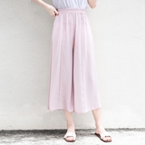 夏季女版新款纯黑粉色简约时尚休闲大码宽松雪纺直筒九分阔腿裤子