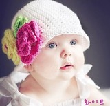 儿童帽子 宝宝网眼手工帽 儿童可爱花朵针织帽 婴儿毛线帽3-6个月