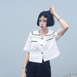 韩版女装夏季小清新复古短款海军领短袖衬衫宽松休闲学生上衣衬衣