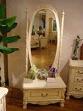美式试衣镜落地全身镜欧式实木雕花镜子法式田园白色可储物穿衣镜