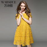 WARSIZCE/万诗哲新款欧美时尚蕾丝短袖名媛蓬蓬纯色显瘦连衣裙