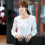 2016新款春秋衬衣女 韩版女式OL长袖雪纺白色衬衫 荷叶边长袖衬衣