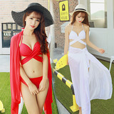 性感韩国纱巾温泉泳衣女式裙式比基尼三件套显瘦小胸聚拢钢托泳装