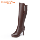 红蜻蜓女靴 冬季新款正品英伦骑士靴高跟细跟长筒棉靴牛皮女鞋子