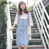 LRUD2016夏季新款韩版女装学院风宽松牛仔连衣裙休闲口袋背带裙潮