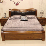 榆木床全实木床真皮软靠床1.8米双人床中式1.5m气压高箱床婚床