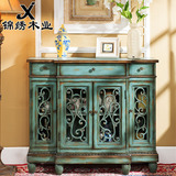 美式乡村仿古柜子 地中海蓝色装饰柜 做旧镂空门餐边柜