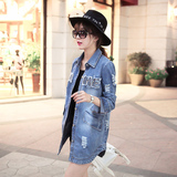 欧美潮春季韩版女装加厚中长款长袖修身时尚显瘦字母牛仔风衣外套