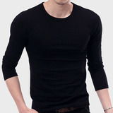 春季韩版男装纯色纯棉内搭运动青少年修身T恤 长袖圆领打底衫黑色