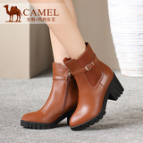 Camel/骆驼女鞋 时尚优雅 水染牛皮圆头粗高跟中筒女靴 2015新款