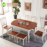 地中海餐桌椅组合实木折叠餐桌可伸缩圆桌多功能小户型象牙白桌子