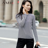 Amii女装 2016秋季新款大码休闲修身弹力细条纹长袖T恤女打底衫