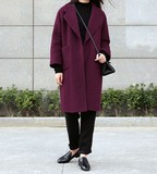 小草家 2015冬季韩版夹棉宽松西装领外套中长款羊毛呢子大衣女装