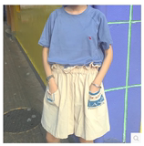 韩版夏装 日系古着可爱兔子刺绣短袖T恤+蓝白字母花边腰短裤裙裤
