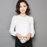2016夏季韩版修身雪纺上衣打底衫女士圆领通勤女式长袖纯色单件