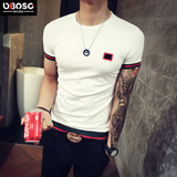 OBO2016夏装韩版条纹拼接短袖t恤男士潮流紧身体桖青年修身打底衫
