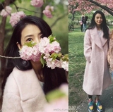 韩国代购高圆圆明星同款粉色中长款羊绒大衣修身加厚毛呢女装外套