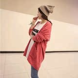 韩国春装新款长袖双口袋纯色宽松中长款针织衫无扣开衫毛衣外套女