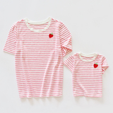 自制定织竹节棉面料 女宝宝草莓条纹短袖T恤夏装亲子装母女装上衣