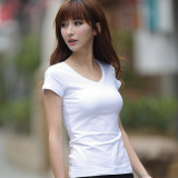 棉V领短袖女t恤白色打底衫韩版春夏纯色修身显瘦鸡心领大码女装