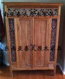 东南亚风格家具实木衣柜定制YG-3 原木雕花泰式老榆木手绘衣柜定