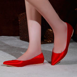 春季绸缎平底新娘鞋红色香槟色婚鞋孕妇尖头单鞋大码平跟红鞋布鞋