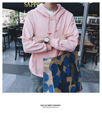 韩国东大门粉色super字母刺绣春季薄款纯色简约连帽套头卫衣男女