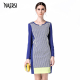 NAERSI/娜尔思连衣裙夏装新款千鸟格蓝色拼接修身长袖连衣裙