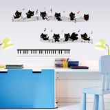黑猫琴键 五线谱幼儿园教室卡通动物音乐元素贴纸贴画可移除墙贴