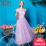 优织 2016夏季新款气质优雅短袖蕾丝连衣裙紫色仙女长裙修身显瘦