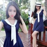 韩国代购2016夏季新款性感海军学院风系带收腰显瘦A字连衣裙短裙