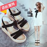 2016夏韩版真皮坡跟高跟罗马凉鞋女黑色复古魔术贴露趾鱼嘴沙滩鞋