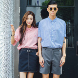 夏季新款情侣装2016韩国宽松落肩款纯棉竖条纹学生男女短袖衬衫潮